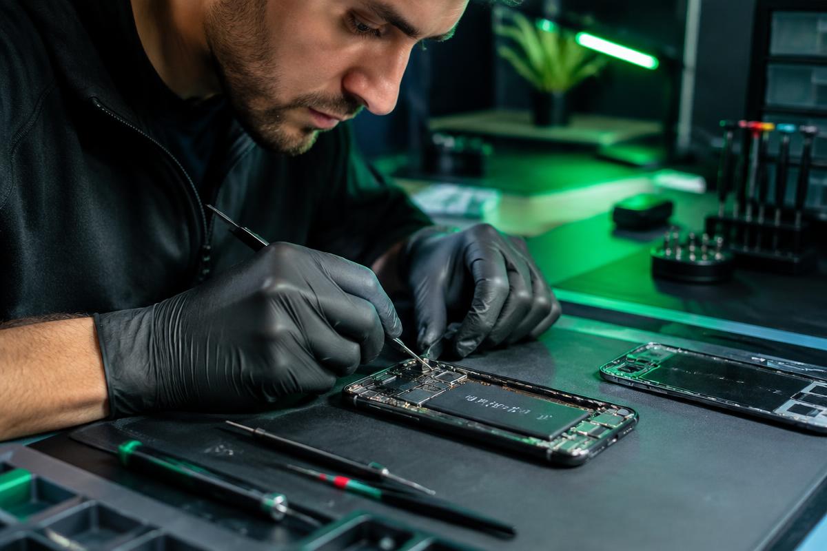 Técnico realizando manutenção em um celular